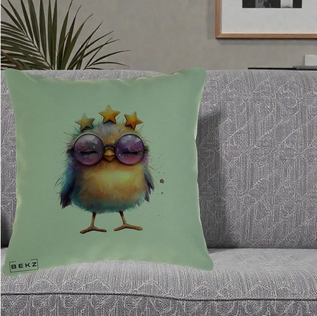 Perna Decorativa Pui Pop Star cu Ochelari Stele Violet, 40x40 cm, Verde, Husa Detasabila, Perna Inclusa, BEKZ®