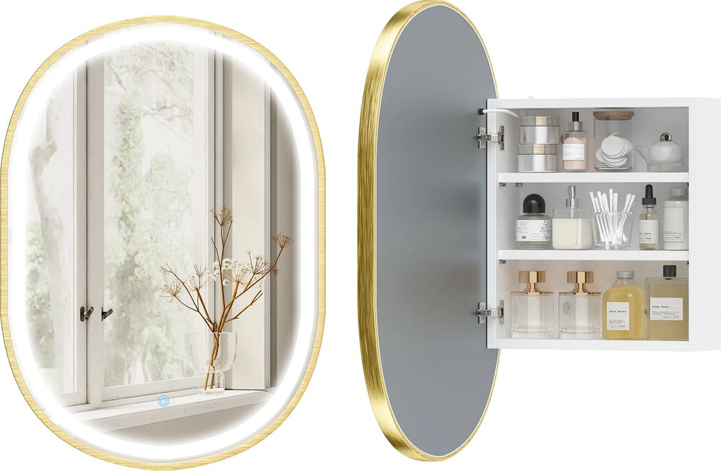 HOMCOM Dulap de Baie cu Oglindă și Lumini LED de 3 Culori Dulap de Perete Oval cu Funcție Memorie și Antiaburire Auriu | Aosom Romania