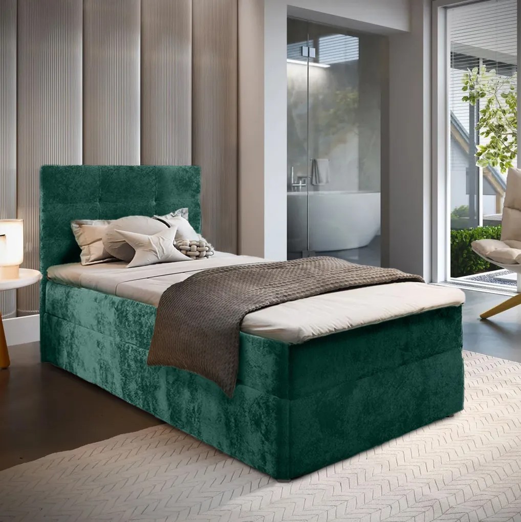 Pat tapițat boxspring GLORIEN VELVET 80x200 cm verde inchis Saltea: Saltea cu arcuri Bonell