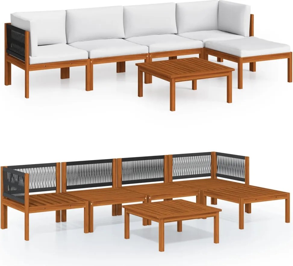 vidaXL Set fotoliu de grădină cu 6 piese, perne, lemn crem, acacia și frânghie