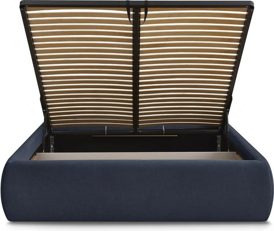 Pat matrimonial albastru închis tapițat cu spațiu de depozitare/fără tăblie cu somieră 180x200 cm Inera – Bobochic Paris