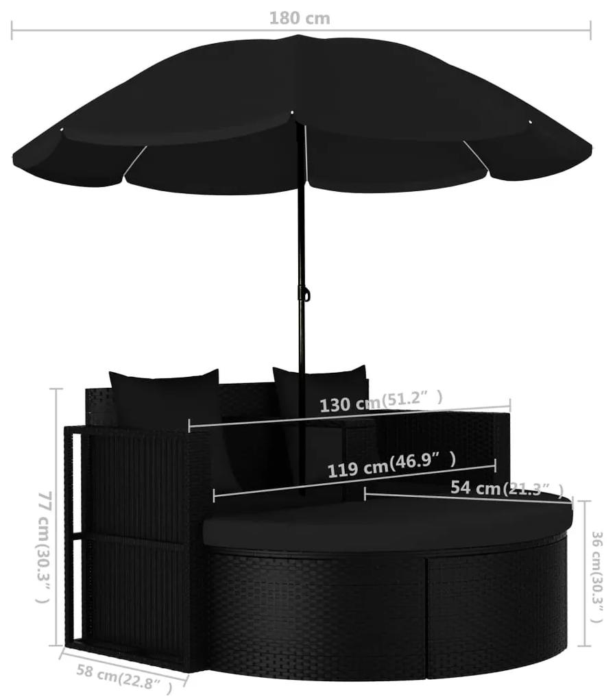 Pat de gradina cu umbrela de soare, negru, poliratan Negru