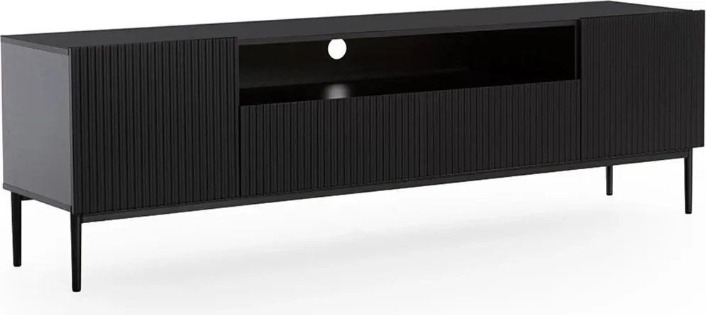 Comodă TV Nicole 200 cm cu nișă și sertare - negru mat / picioare negre