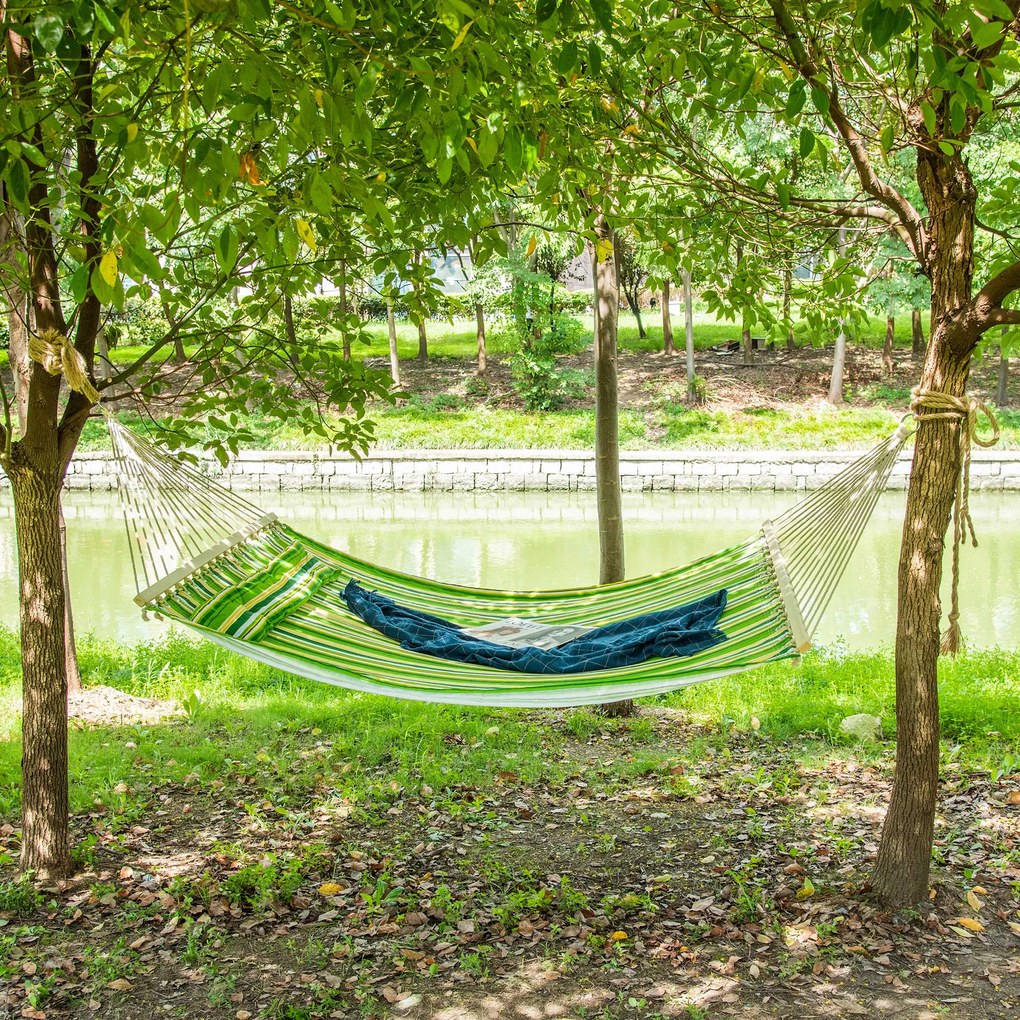 Outsunny Hamac Matrimonial in Bumbac cu Dungi Verde Galben si Alb cu Perne | Aosom Romania