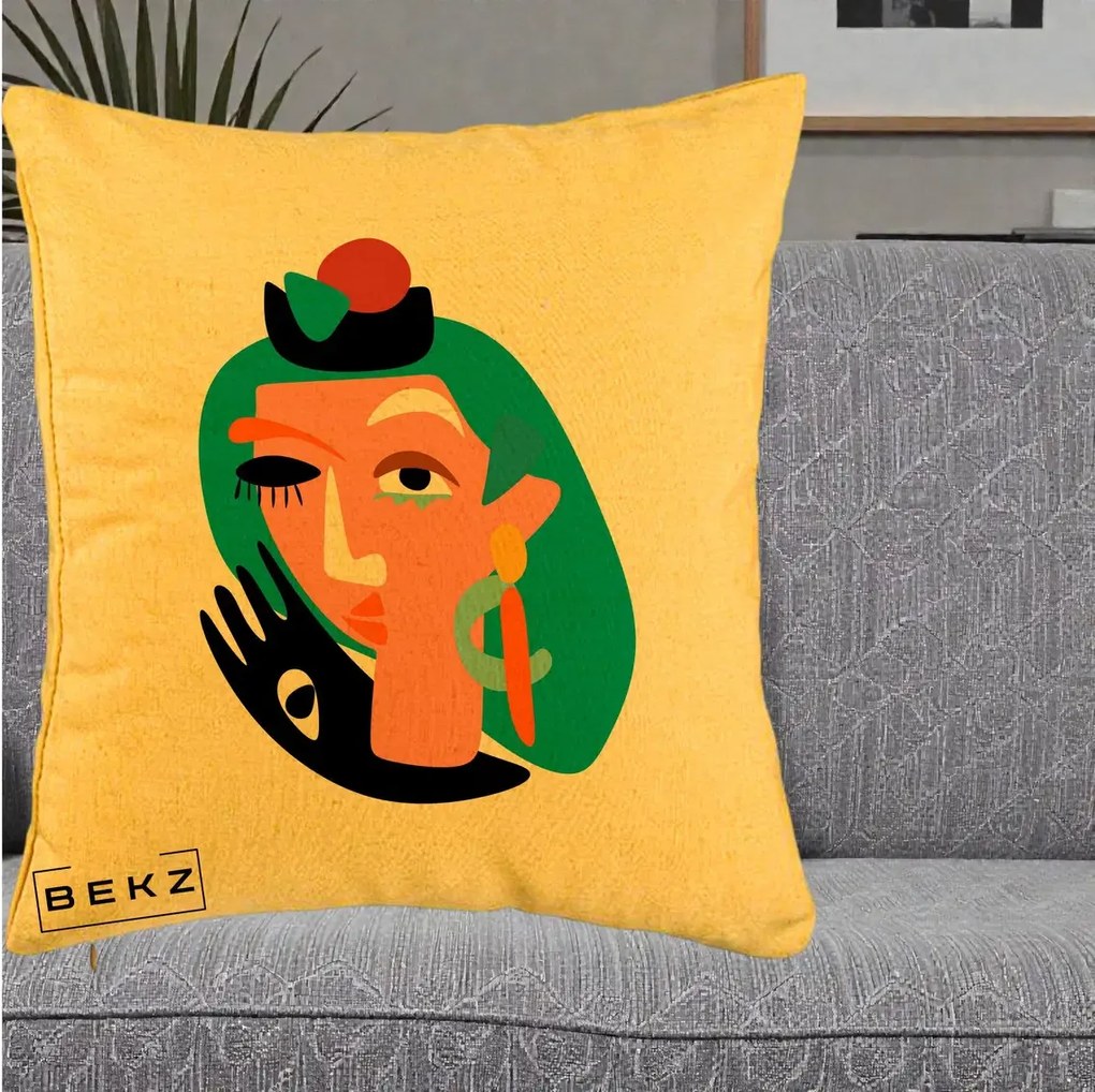 Perna Decorativa Portret Abstract Matisse Turcoaz, 40x40 cm, Galben, Husa Detasabila, Perna Inclusa, BEKZ®