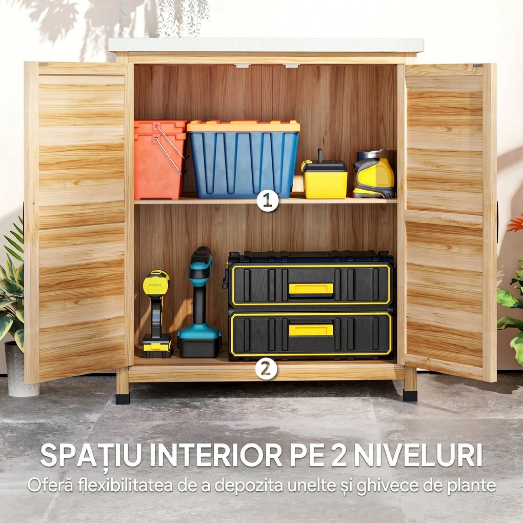 Outsunny Dulap de Exterior cu Raft și Bancă de Lucru Superioară, 79x43x92 cm, Lemn Natural | Aosom Romania