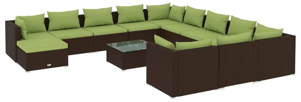 Set mobilier de gradina cu perne, 13 piese, maro, poliratan maro si verde, 4x colt + 7x mijloc + suport pentru picioare + masa, 1