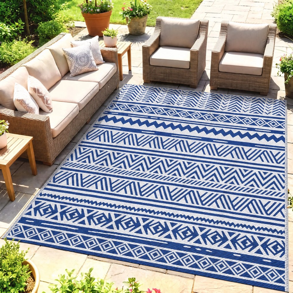 Outsunny Covor pentru Exterior 182x274 cm Reversibil, Covor Pliabil din Polipropilen 310 g/m² Albastru si Alb | Aosom Romania