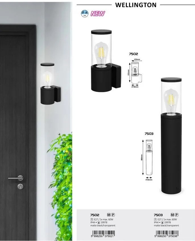 Aplica de perete pentru iluminat exterior IP44 Wellington negru mat, transparent