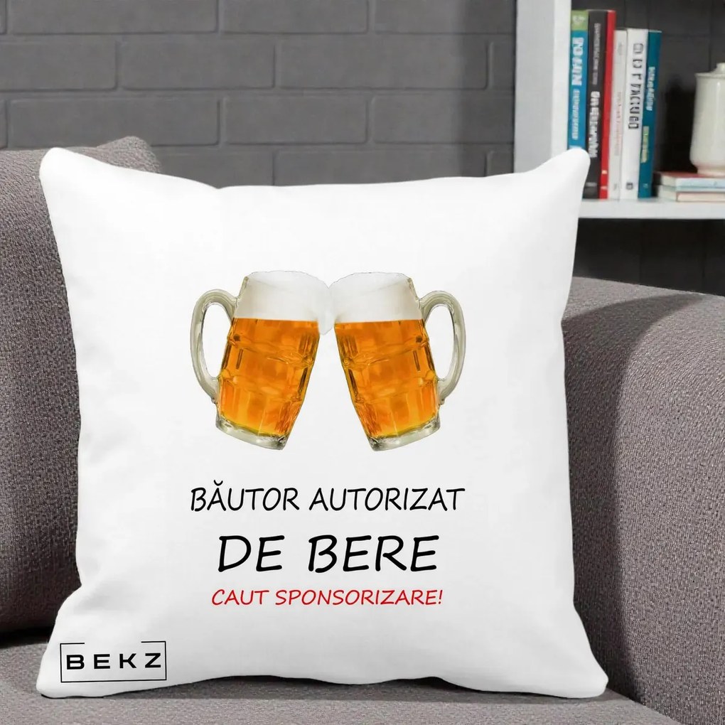 Perna Decorativa Bautor Autorizat de Bere, 40x40 cm, Alba Mata, Husa Detasabila, Perna Inclusa, BEKZ®