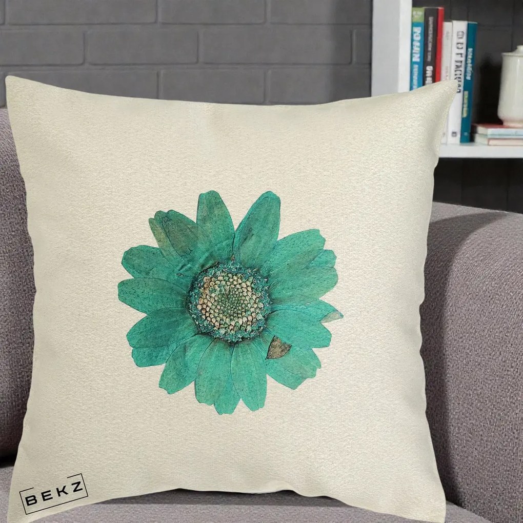 Perna Decorativa Floare Gerbera Teal Acuarela, 40x40 cm, Ecru, Husa Detasabila, Perna Inclusa, BEKZ®