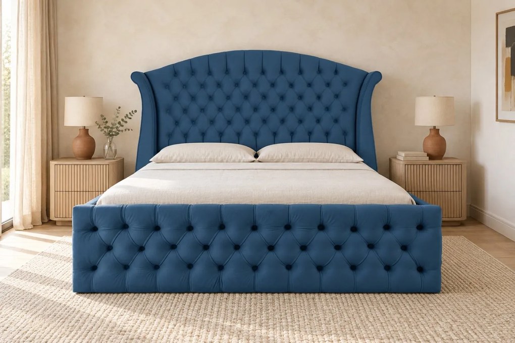 Pat tapițat Chesterfield din catifea Sorella Simple 160×200 cm, albastru, cu ladă de depozitare