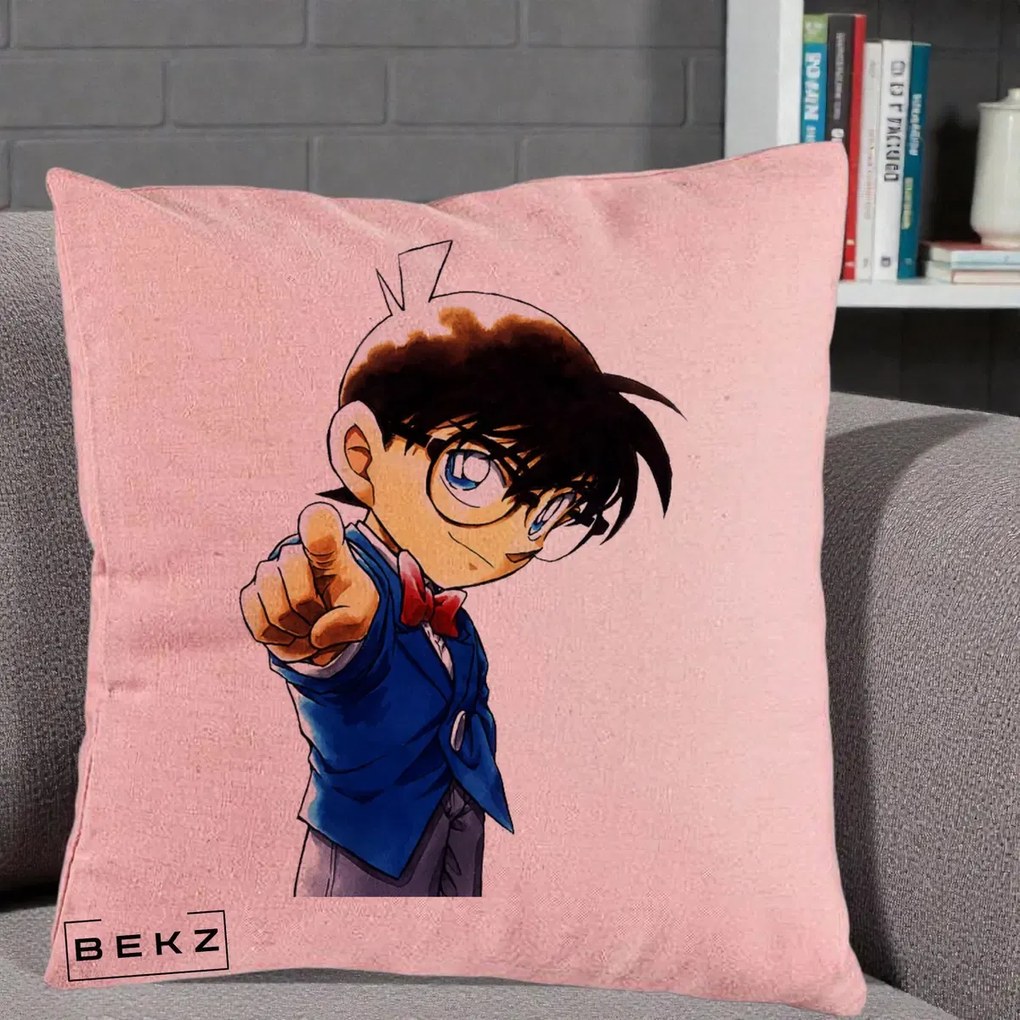 Perna Personalizata Detective Conan Conan Arata, 40x40 cm, Roz, Husa Detasabila, Perna Inclusa, BEKZ®