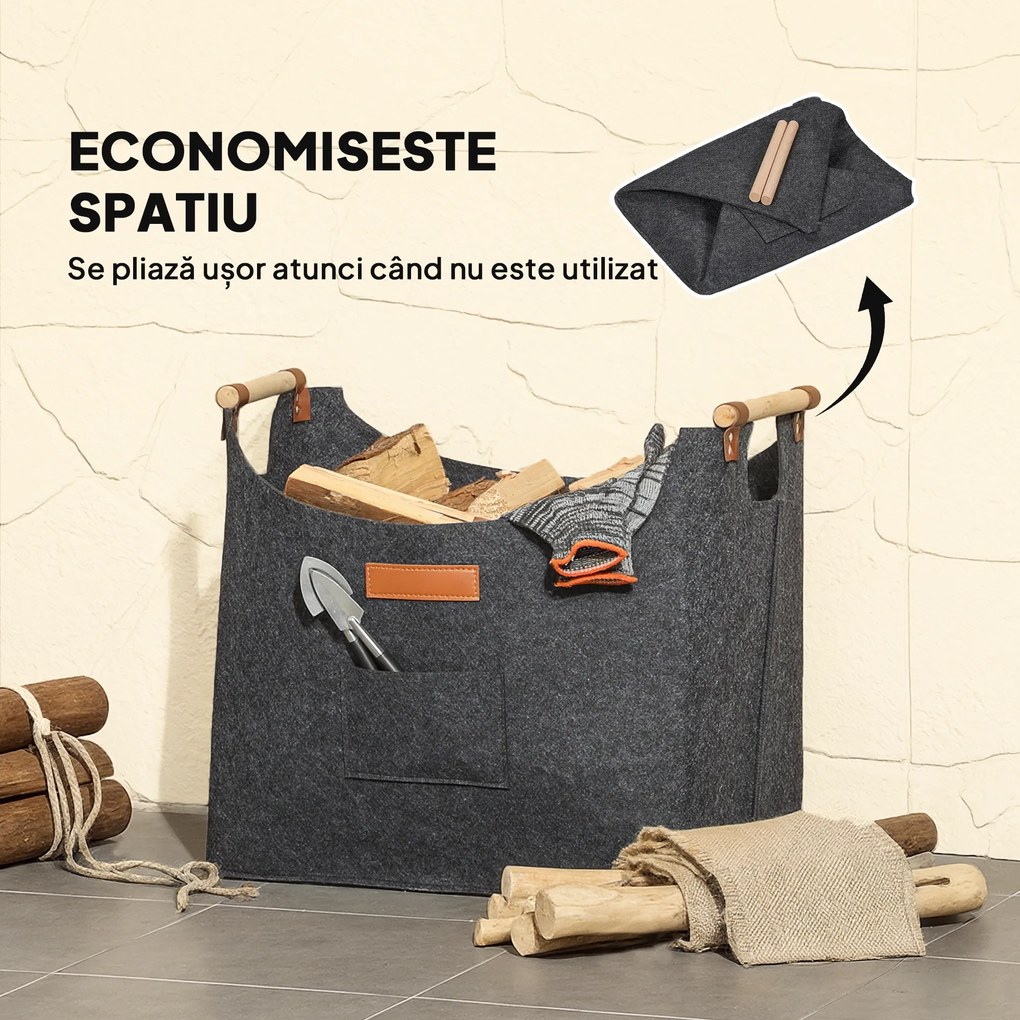 Outsunny Sac din Fetru pentru Lemne de Foc, Coș Portalemne de Interior cu Mânere din Lemn, Coș Multiuz pentru Pături, Reviste și Bucșe de Lemn, 45x32x40 cm, Gri Închis | Aosom Romania