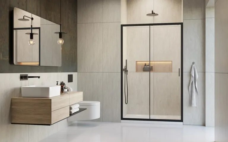 Usa culisanta de dus in nisa, 1200 mm, negru mat, doua elemente, Alienta Black DWJ Radaway