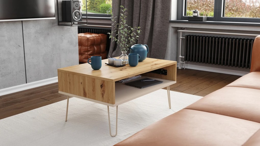 Mazzoni HAIRPIN S-90 Stejar Artisan/Bej (Șampanie) - MASĂ DE CAFEA MODERNĂ MASĂ CU BLAT RIDICAT + COMPARTIMENT + RAFT