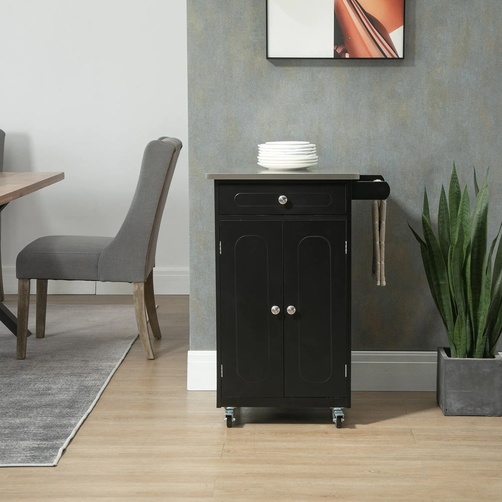 HOMCOM Căruț de servire pentru bucătărie pe roți, multiple spații de depozitare, 1 sertar, dulap cu 2 uși și raft, suport prosop, MDF negru, oțel inoxidabil | Aosom Romania