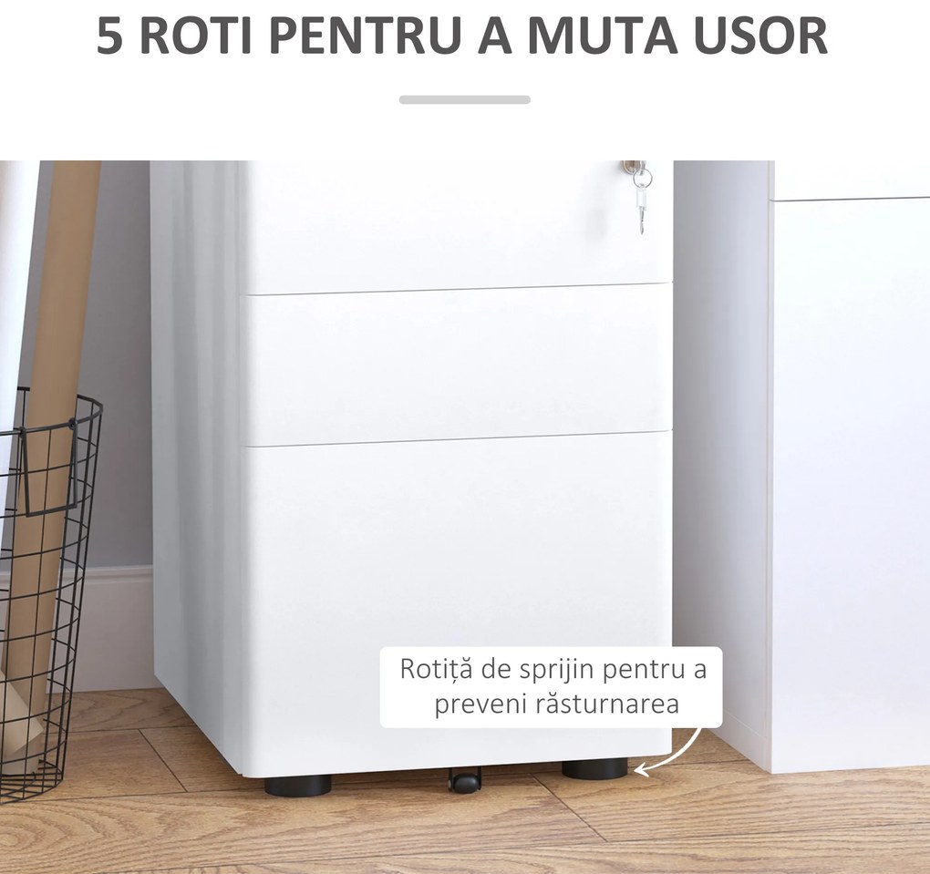 Vinsetto Fiset Metalic cu 3 Sertare și Sistem de Blocare, Mobilier de Birou pe Roti, 39x48x59cm, Design Compact, Alb | Aosom Romania