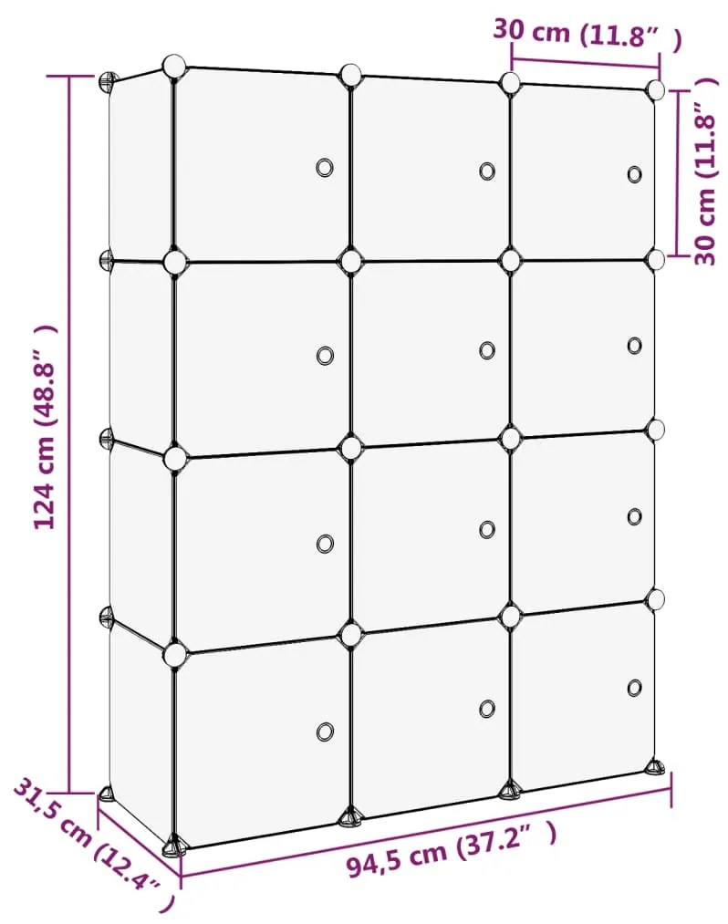 Organizator cub de depozitare cu usi, 12 cuburi, negru, PP 1, 94.5 x 31.5 x 124 cm, negru si transparent, negru si transparent, 94.5 x 31.5 x 124 cm