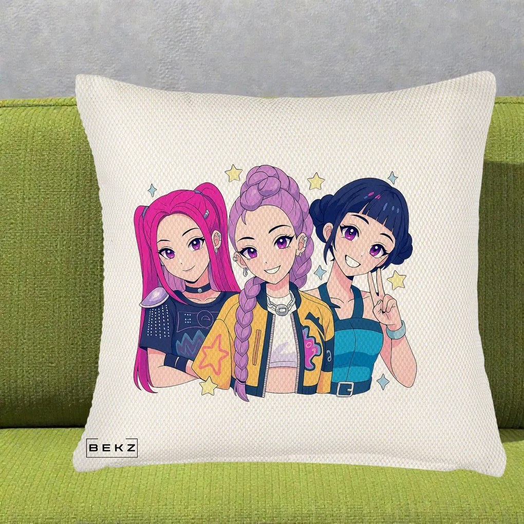 Perna Personalizata K-pop HUNTRX Trio Anime Stele, 40x40 cm, Crem Reliefat, Husa Detasabila, Perna Inclusa, BEKZ®