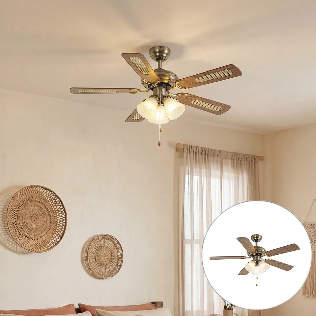 Ventilator de tavan din alamă cu imprimeu de lemn și ratan 105cm cu comutator cu lanț - Mistral Lia