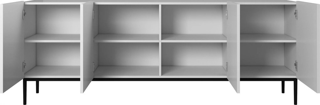 Comodă Nicole 200 cm cu patru uși, fronturi riflate - alb mat / picioare negre