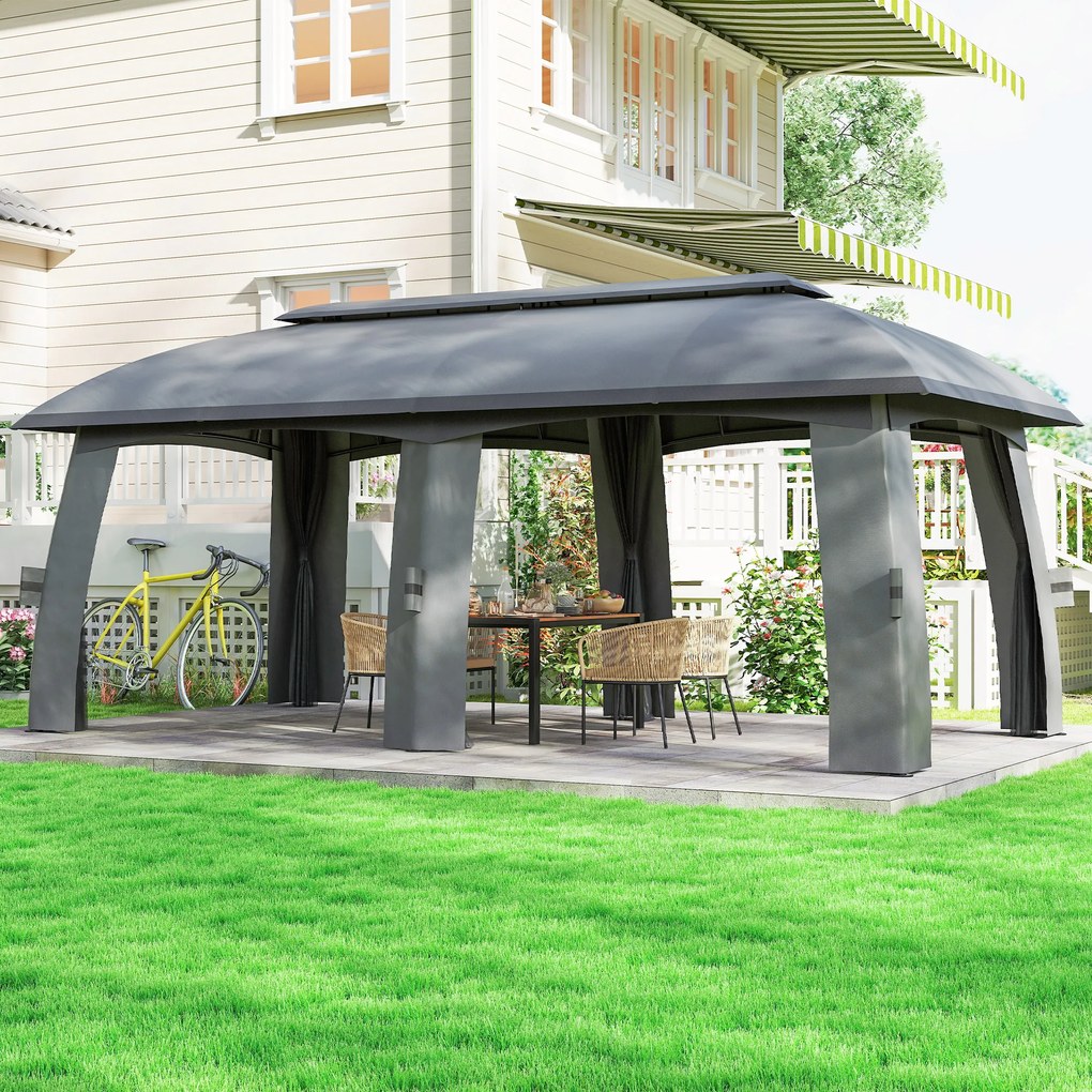 Outsunny Pavilion, Cort de petreceri, cu plase anti-insecte, plafon rezistent la vânt, pentru până la 15 persoane, gri închis, 3 x 6 x 3 m | Aosom Romania