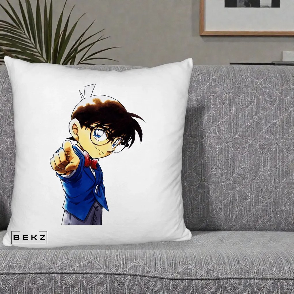 Perna Personalizata Detective Conan Conan Arata, 40x40 cm, Alb Pufos, Husa Detasabila, Perna Inclusa, BEKZ®