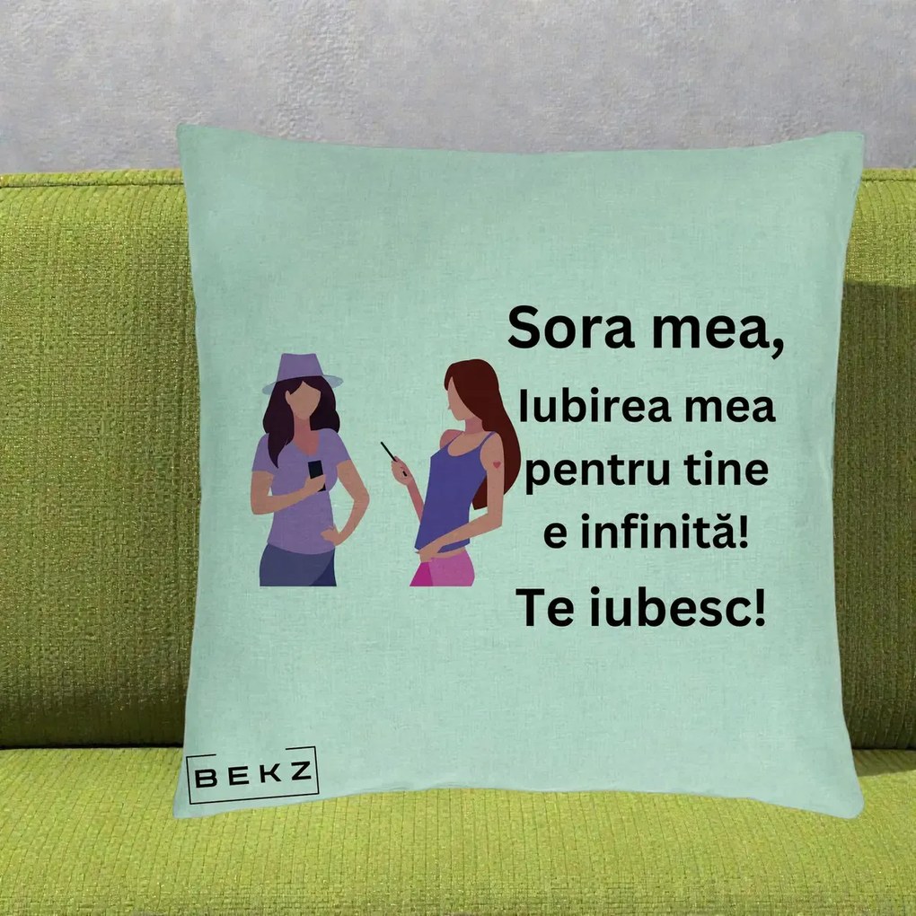 Cadou pentru Sora - Perna Personalizata Sora Mea Te Iubesc Doua Fete cu Telefoane, 40x40 cm, Verde Menta, Husa Detasabila, Perna Inclusa, BEKZ®