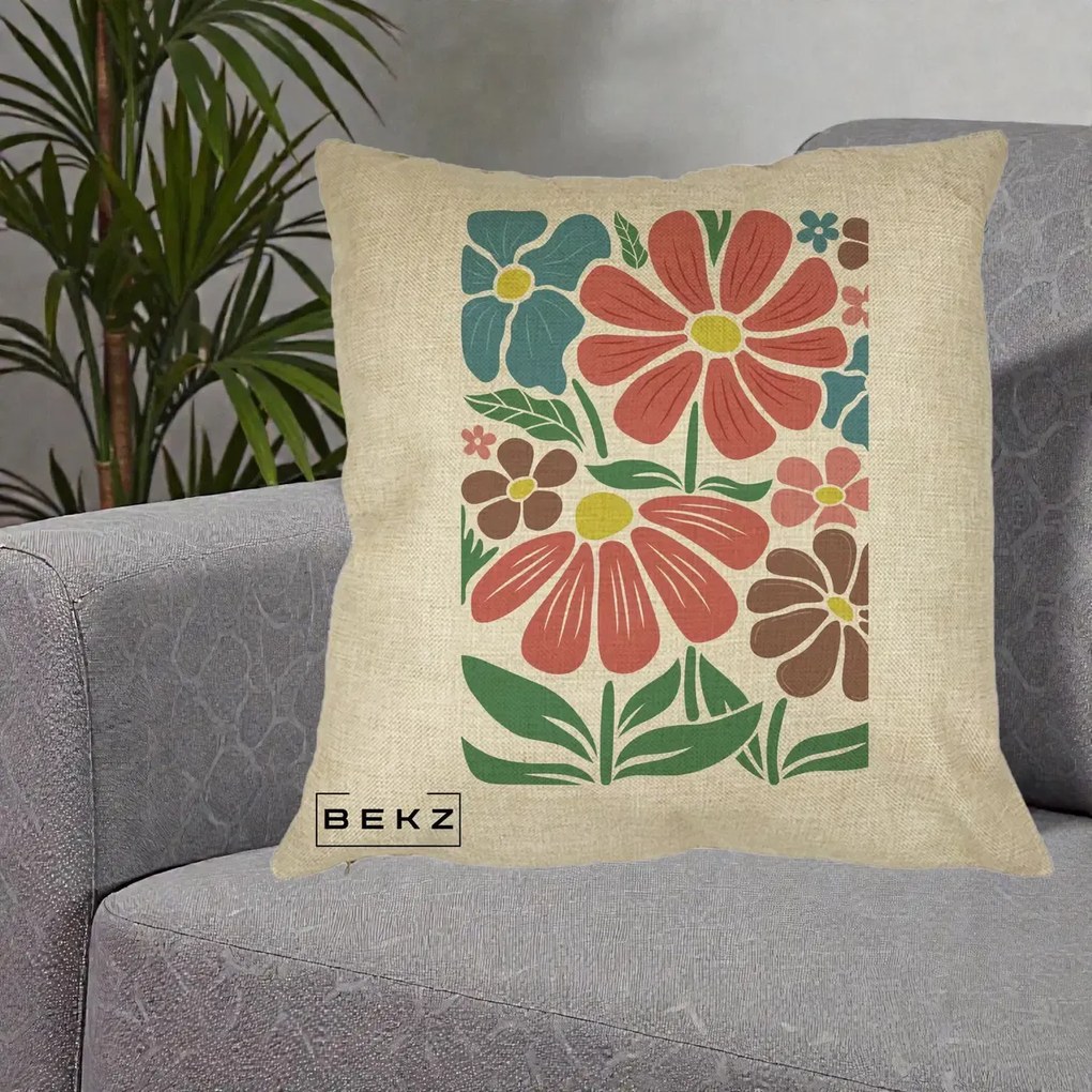 Perna decorativa cu flori: Flori Grafice Colorate Retro, 40x40 cm cu Umplutura, Crem, BEKZ