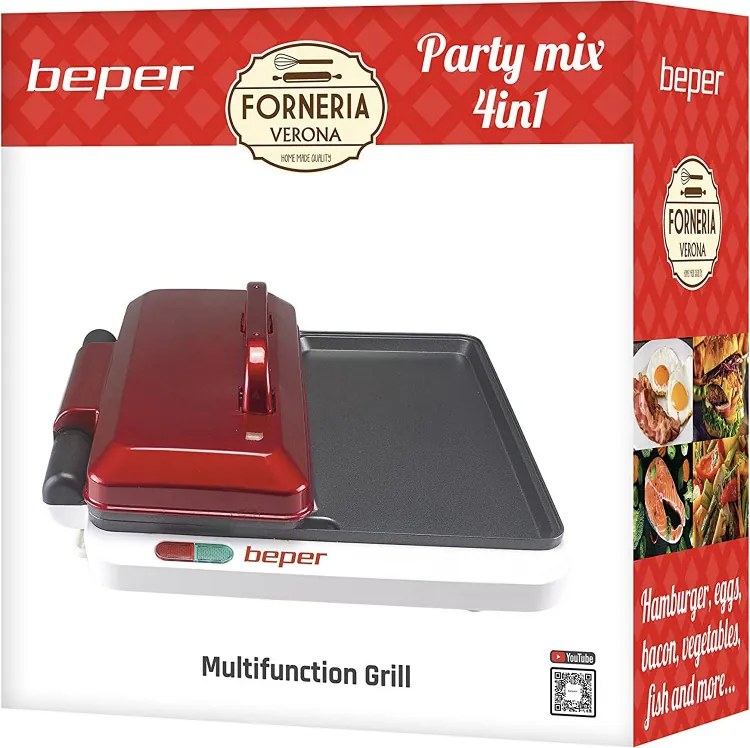 Resigilat: Gratar electric multifunctional Beper P101CUD500 4в1, 1000 W, 4 zone de gatit, Acoperire antiaderenta, Rosu