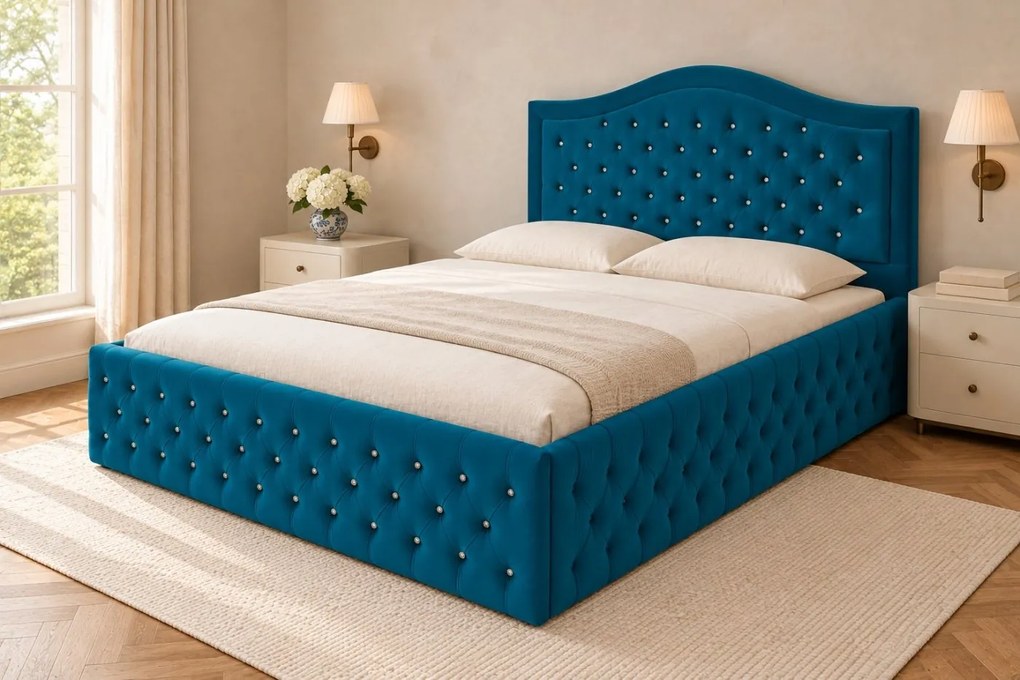 Pat tapițat Chesterfield din catifea Solaria Deluxe Cristal 120×200 cm, turcoaz, cu ladă de depozitare