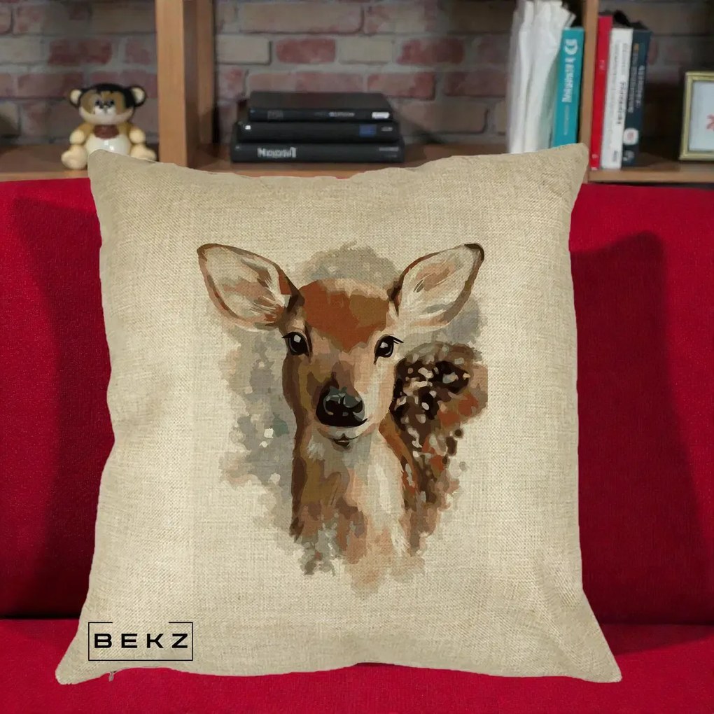 Perna Decorativa Caprioara Pui Acuarela, 40x40 cm, Crem, Husa Detasabila, Perna Inclusa, BEKZ®
