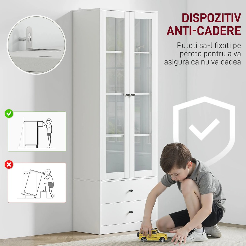 HOMCOM Dulap de Bucătărie cu Uși din Sticlă, 2 Sertare și Rafturi Reglabile Alb | Aosom Romania