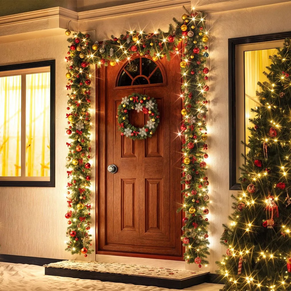 Ghirlandă de Crăciun ANDREA cu iluminare, decorată, 10m, verde Casaria