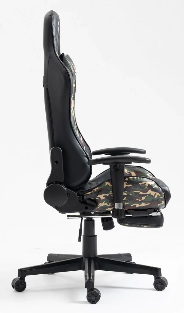 Scaun gaming, masaj in perna lombara, sezut benzi elastice sustinere, cotiere 3D, suport picioare, funcție sezlong, 90-180 grade, Negru/Army