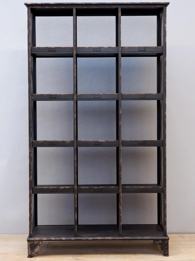 Etajeră din metal, negru, cu 15 compartimente și suporturi pentru etichete, spate din tablă perforată, finisaj antichizat, 197,5 x 112 x 39,5 cm,