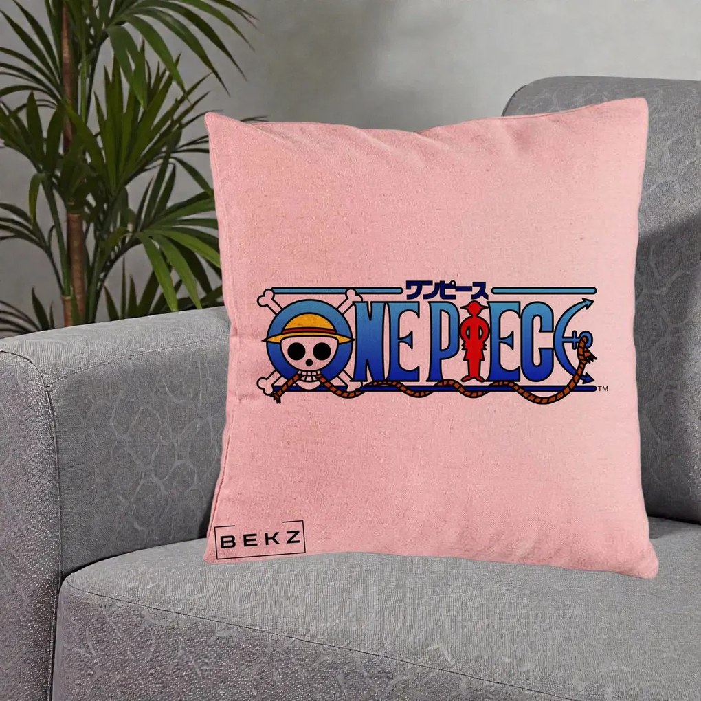 Perna Personalizata One Piece Clasic Albastru, 40x40 cm, Roz, Husa Detasabila, Perna Inclusa, BEKZ®