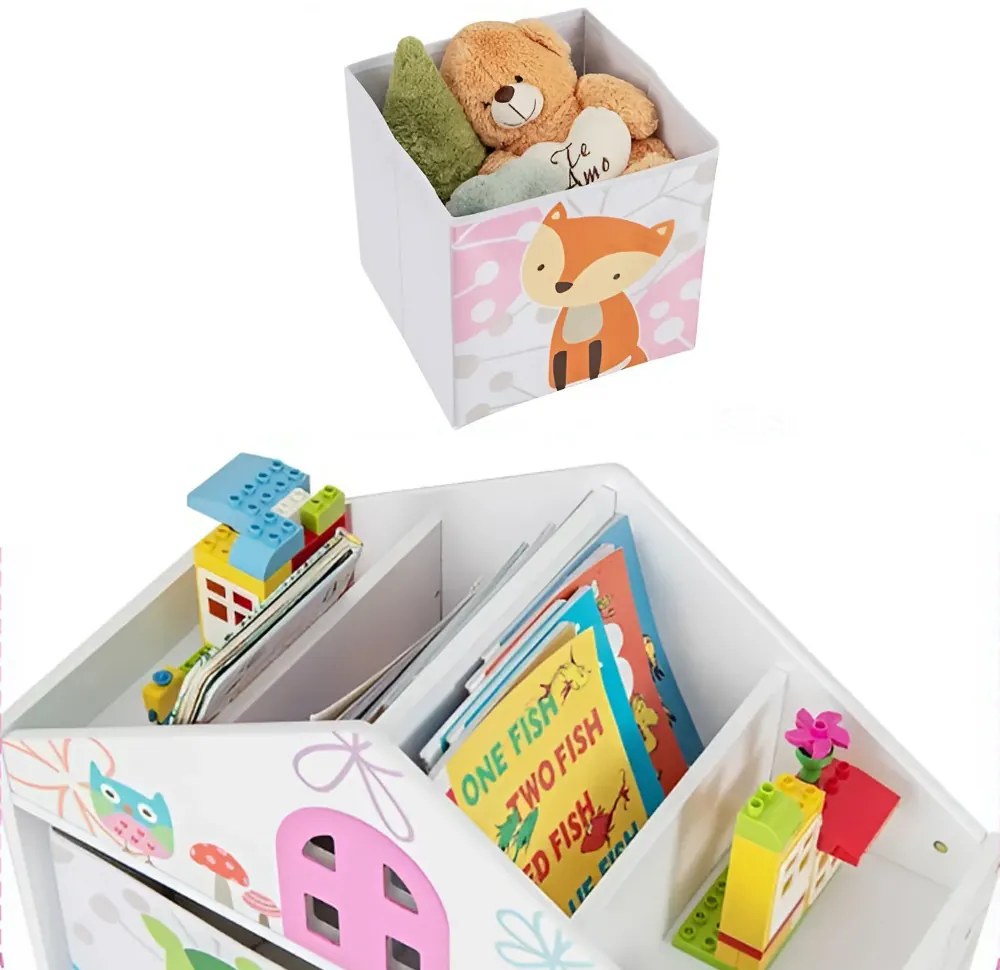 Raftă pentru cărți în formă de casă cu 2 cutii de depozitare