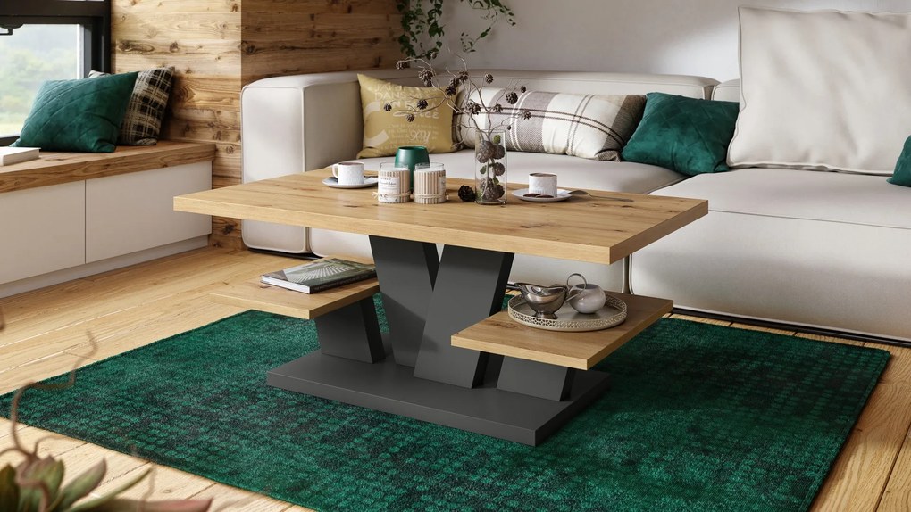 Mazzoni VIVA MAT Stejar Artisan/Antracit - MASUȚĂ DE CAFEA MODERNĂ cu RAFTURI