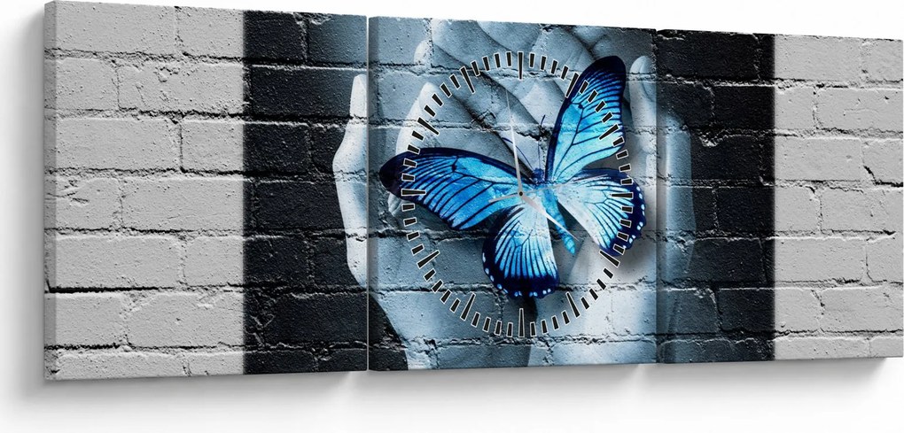Tablou cu flutere albastru pe perete (cu ceas) (90x30 cm)