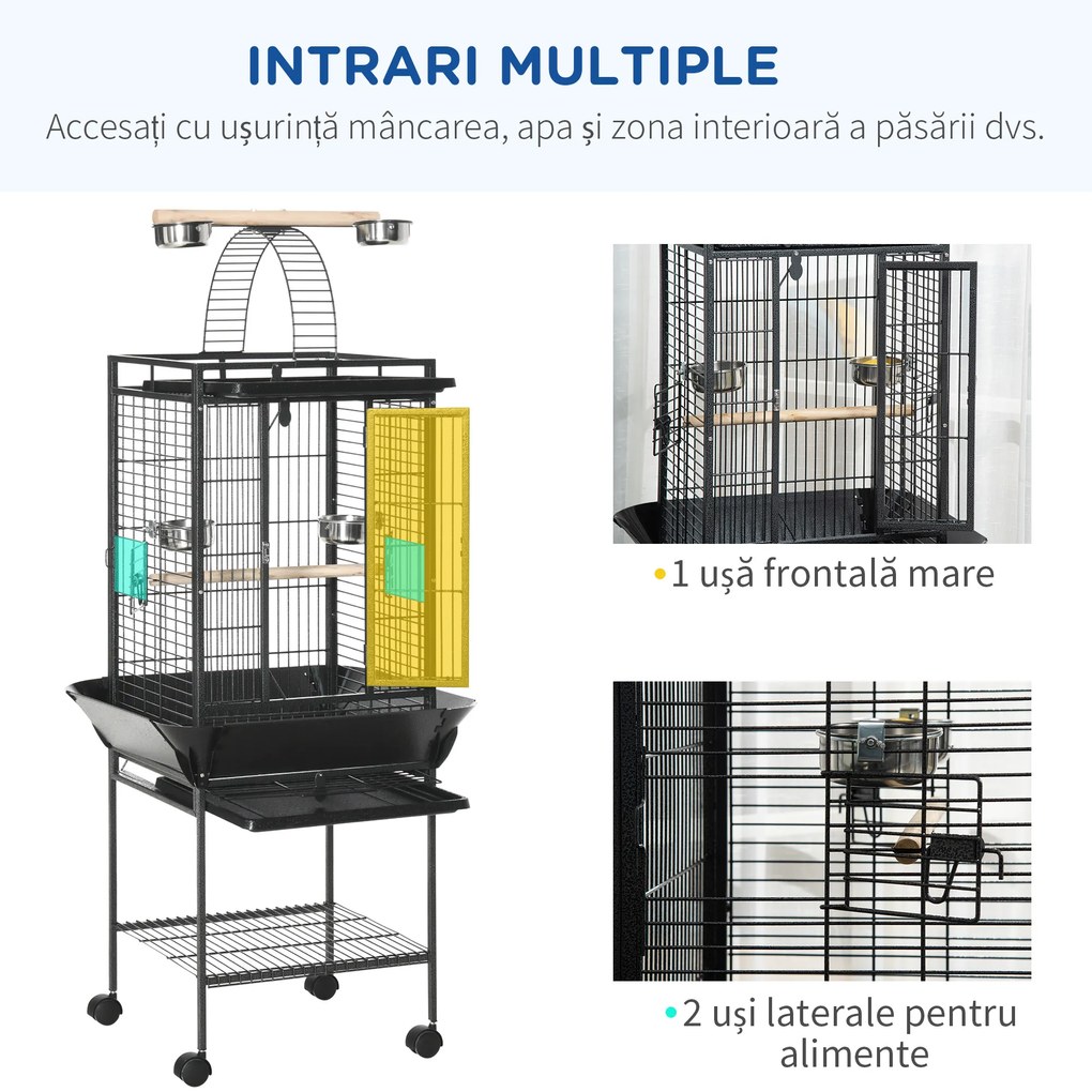 PawHut Colivie pentru Perusi cu 2 Stinghii de Lemn si Scara Acuita, Cusca pentru Pasari din Otel cu Intrari Multiple, 62.5x62.5x156 cm, Gri