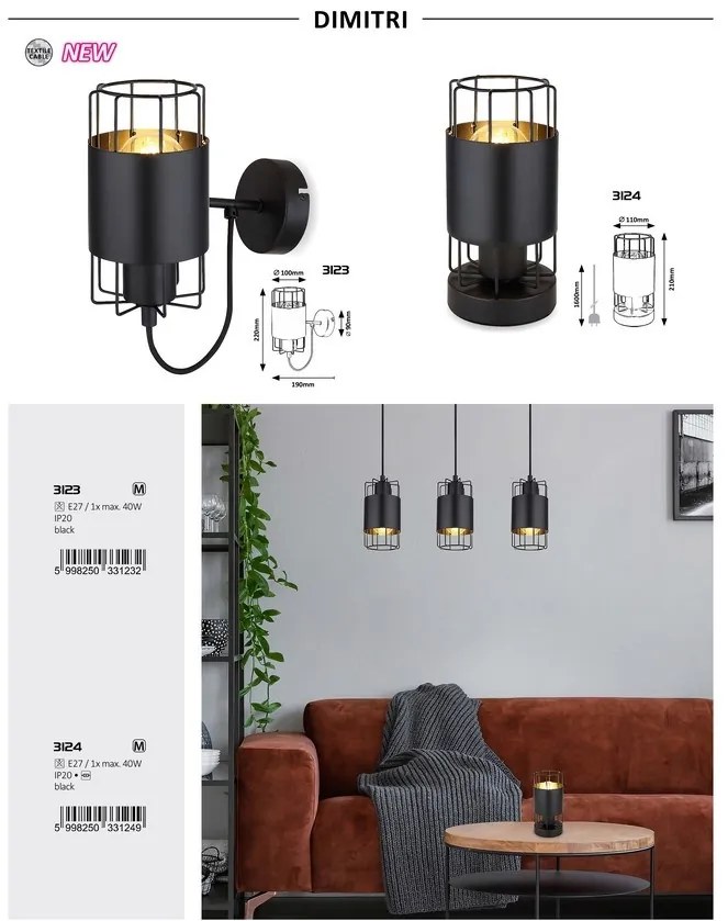 Aplica de perete design industrial Dimitri negru
