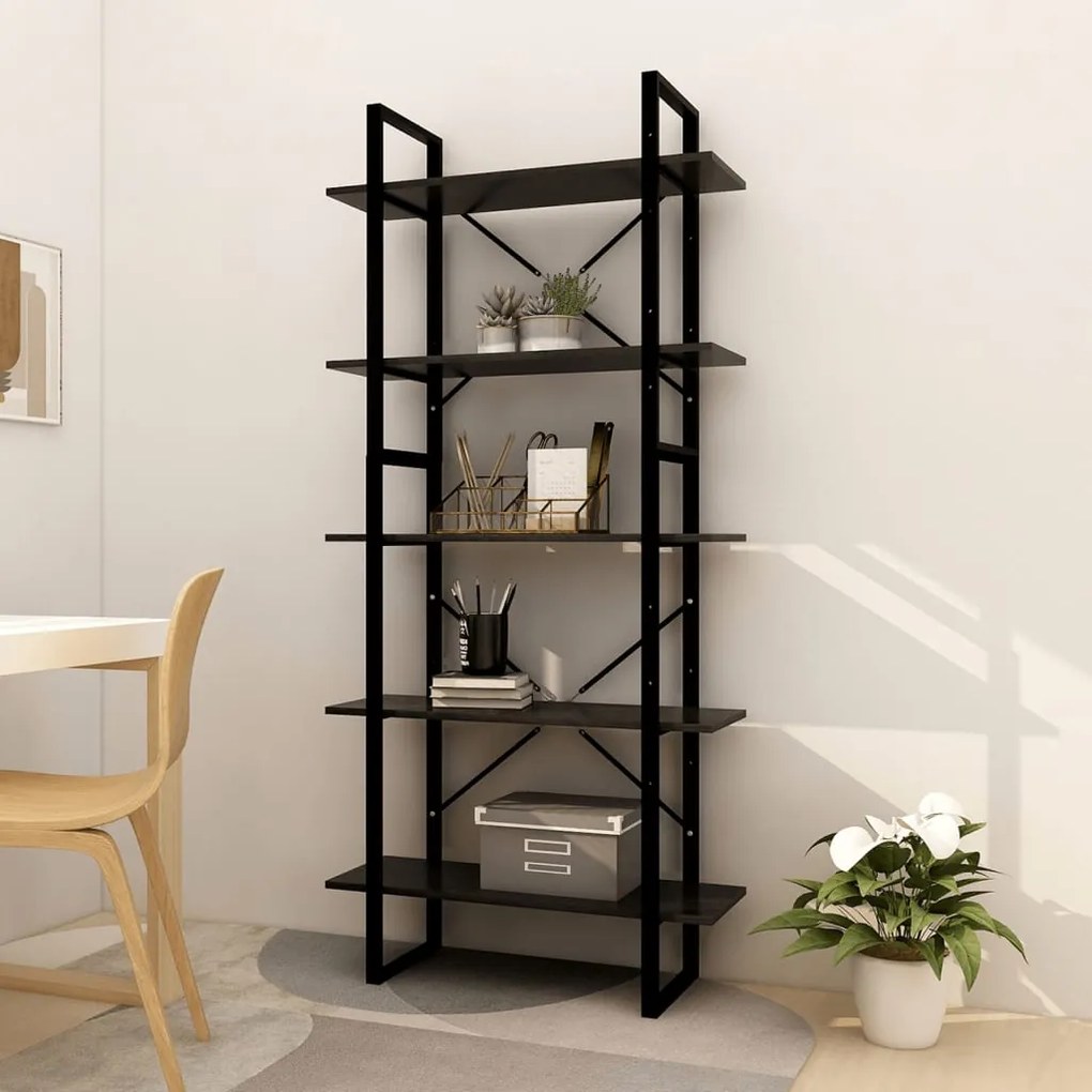 3081997 vidaXL Bibliotecă cu 5 rafturi, negru, 80x30x175 cm, lemn masiv de pin