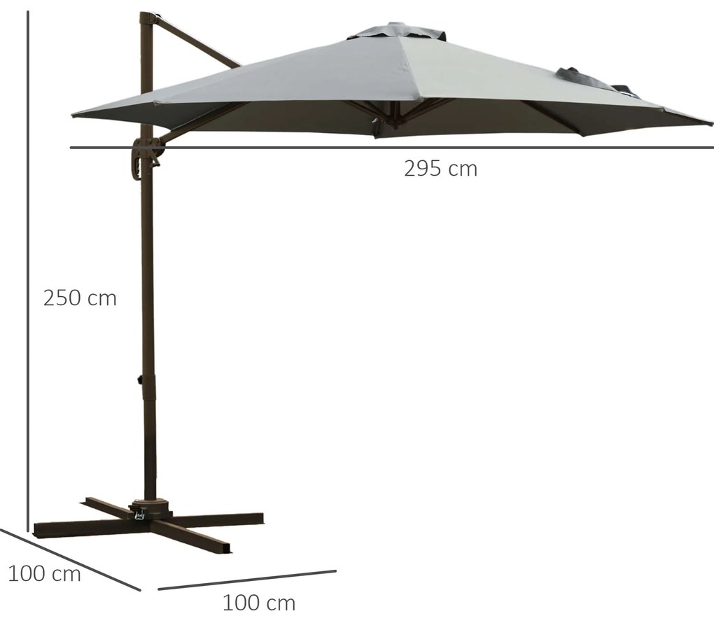 Outsunny Umbrel de Gradină cu Manivelă cu Înclinare Reglabilă, Umbrelă cu Braț și Stinghii, Ø2.95x2.5 m, Gri | Aosom Romania