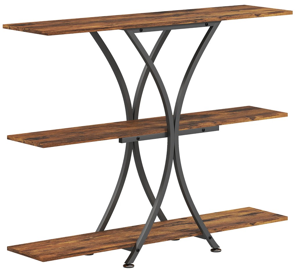 HOMCOM Masă Consolă Masă pentru Canapea cu 2 Polițe Deschise și Cadru Metalic în X Stil Industrial Maro Rustic | Aosom Romania