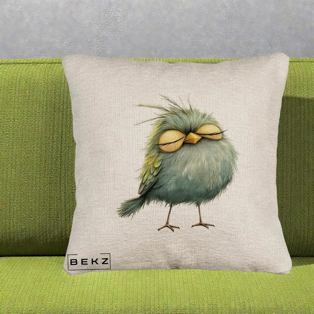 Perna Decorativa Pasare Teal Adormita cu Ochi Galbeni, 40x40 cm, Bej Canapea, Husa Detasabila, Perna Inclusa, BEKZ®