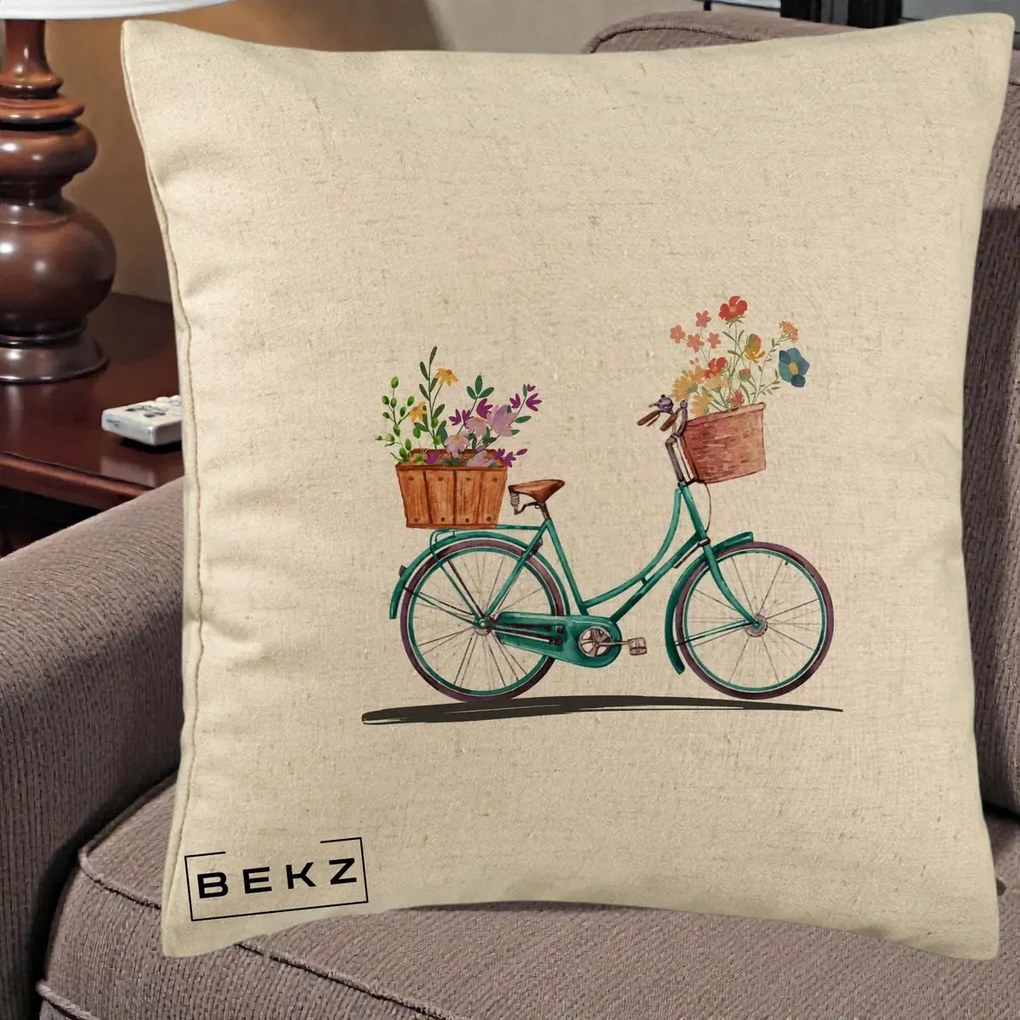 Perna Decorativa Bicicleta Florala Turcoaz Acuarela, 40x40 cm, Bej, Husa Detasabila, Perna Inclusa, BEKZ®