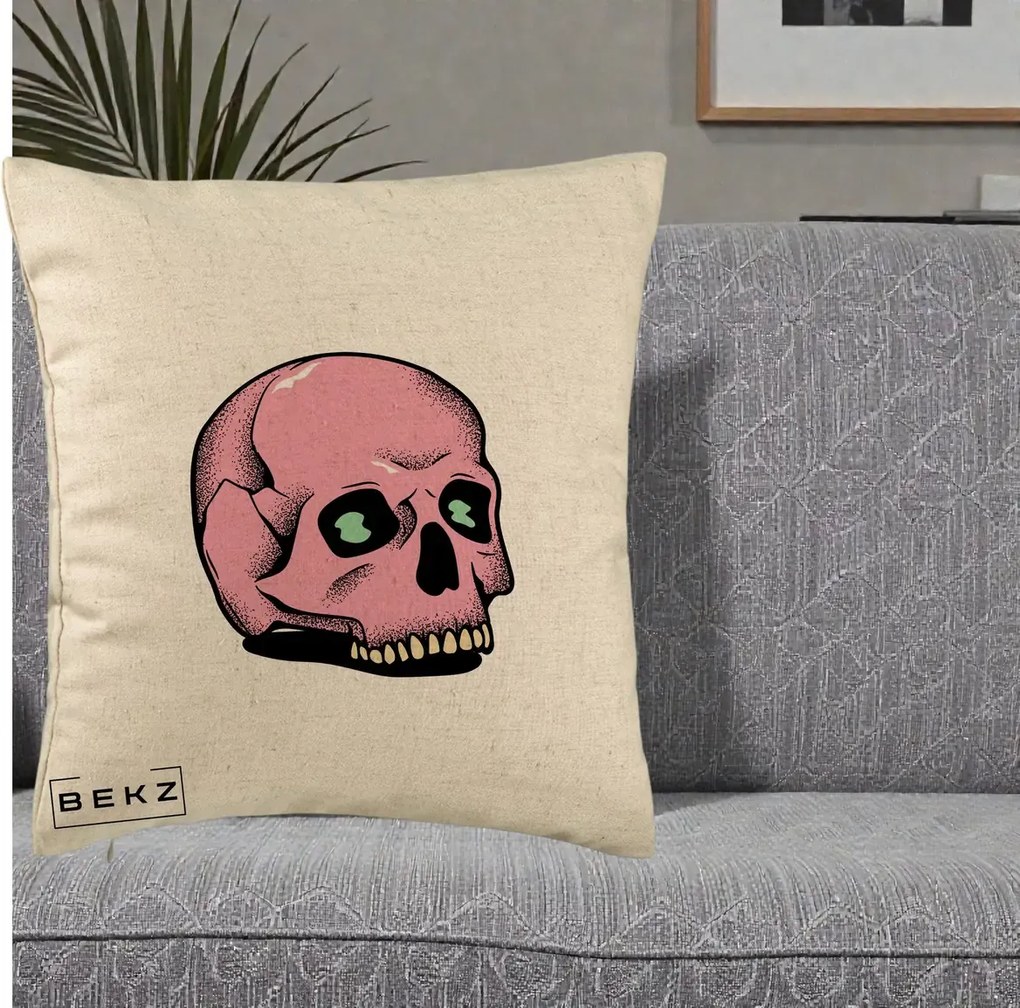 Perna Decorativa Craniu Roz Tatoo Art Halloween, 40x40 cm, Bej, Husa Detasabila, Perna Inclusa, BEKZ®