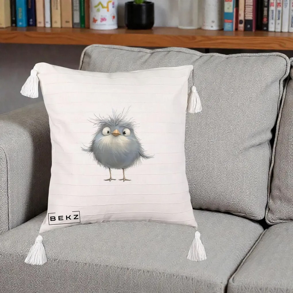 Perna Decorativa Pui Gri Pufos Zbarlit, 40x40 cm, Bej cu Franjuri, Husa Detasabila, Perna Inclusa, BEKZ®